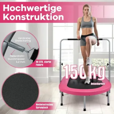 Trampolína pro 2 osoby s výškově nastavitelnou rukojetí Mini trampolína 154 x 90 x 92 -132 cm Růžová