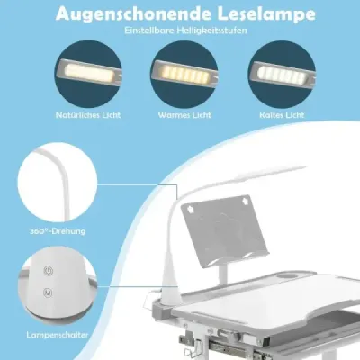 Dětský psací stůl Dětský psací stůl se stojanem na knihy a LED světlem pro chlapce a dívky Šedá barva