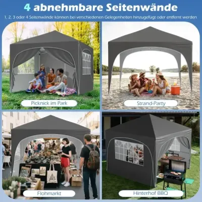 Pavilon 3 x 3 M se 4 odnímatelnými bočnicemi Zahradní stan včetně srolované tašky 8 kolíků 4 kotvy Šedá barva