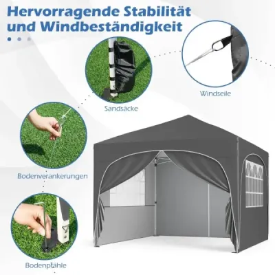 Pavilon 3 x 3 M se 4 odnímatelnými bočnicemi Zahradní stan včetně srolované tašky 8 kolíků 4 kotvy Šedá barva