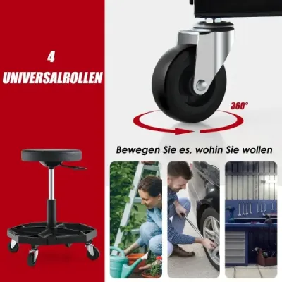 Dílenské kolečkové sedadlo s policí a 4 univerzálními kolečky Nosnost 150 kg Výškově nastavitelné Černá barva