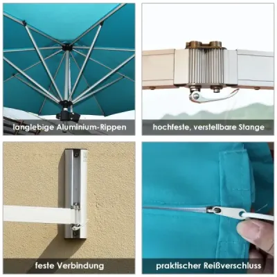 Slunečník na zeď, sklopný nástěnný slunečník, balkonový slunečník s nastavitelnou hliníkovou tyčí Ø 250 cm, tyrkysový