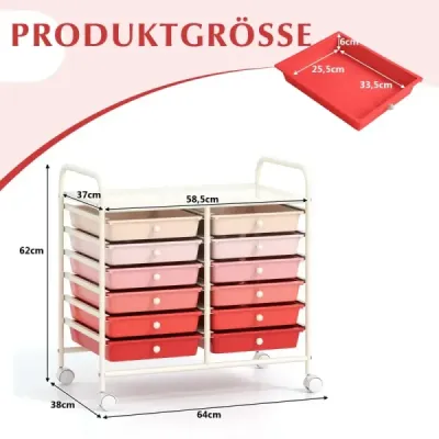 Vozík s 12 stohovatelnými zásuvkami a úložným prostorem Zásuvkový vozík Kontejner na kolečkách Koupelnový vozík Světle růžový