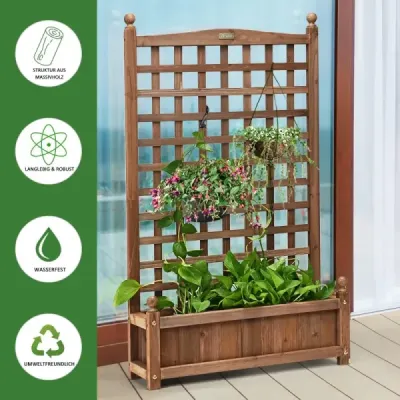 Květinový truhlík s mříží Dřevěný truhlík pro popínavé rostliny Vyvýšený záhon s mříží 64,5 x 28 x 120 cm Hnědý