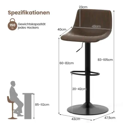 Sada 2 barových židlí Barové židle 60-82 cm výškově nastavitelné Otočná židle s opěradlem a podnožkou Rustikální hnědá barva