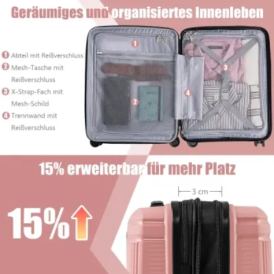 Sada 2 zavazadel včetně 20" příručního kufru a 14" kosmetického kufříku PP pevná skořepinová zavazadla růžová