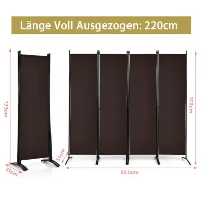 Přenosná dělicí stěna se 4 panely, výška 173 cm, s ocelovým rámem, hnědá