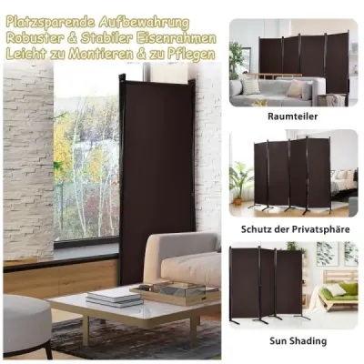 Přenosná dělicí stěna se 4 panely, výška 173 cm, s ocelovým rámem, hnědá
