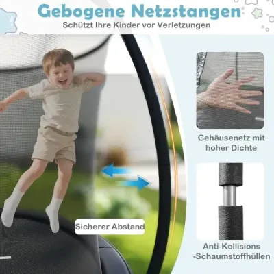 Venkovní trampolína s žebříkem, kulatá zahradní trampolína s ochrannou sítí, krytem okraje a kovovým rámem Ø366 cm, černá