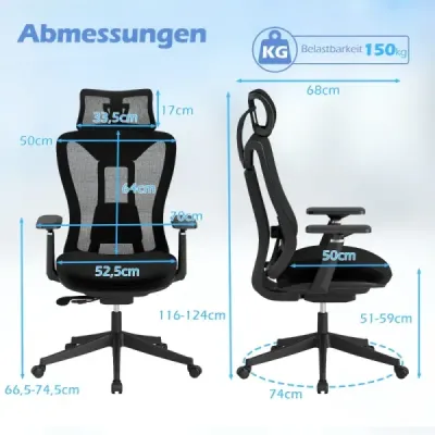 Ergonomická kancelářská židle s nastavitelnou bederní opěrkou a opěrkou hlavy a 3D područkami, černá