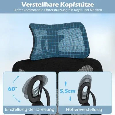 Ergonomická kancelářská židle s nastavitelnou bederní opěrkou a opěrkou hlavy a 3D područkami, černá