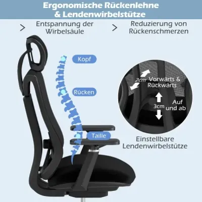 Ergonomická kancelářská židle s nastavitelnou bederní opěrkou a opěrkou hlavy a 3D područkami, černá