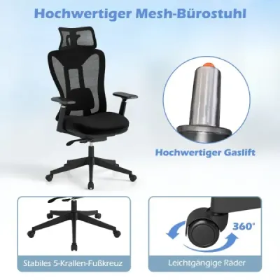 Ergonomická kancelářská židle s nastavitelnou bederní opěrkou a opěrkou hlavy a 3D područkami, černá