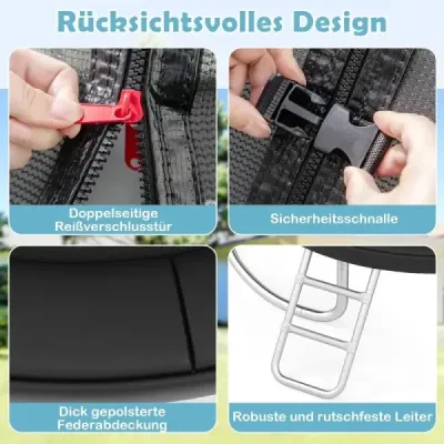Venkovní trampolína s žebříkem, kulatá zahradní trampolína s ochrannou sítí, krytem okraje a kovovým rámem Ø244 cm, černá