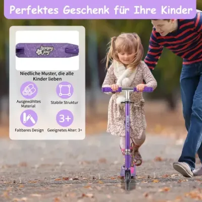 Skládací dětská koloběžka s LED kolečky, řídítka, stojan a popruh na přenášení, koloběžka fialová