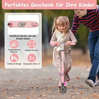 Skládací dětská koloběžka s LED kolečky, řídítka, stojan a popruh na přenášení, koloběžka růžová