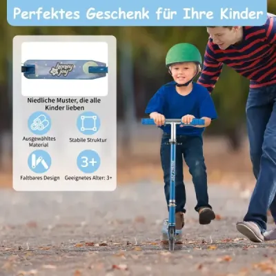Dětská skládací koloběžka s LED kolečky, řídítka, stojan a popruh na přenášení, modrá
