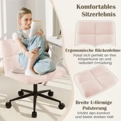 Židle s překříženýma nohama a kolečky, otočná židle bez područek, kancelářská židle s širokým sedákem, růžová
