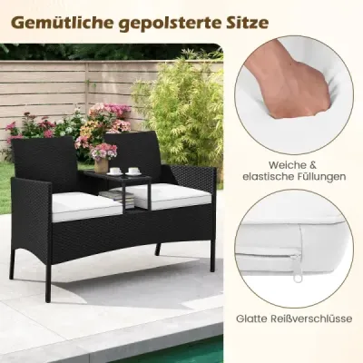 Zahradní lavice se stolem, 2místná polyratanová lavice, sedací souprava, zahradní nábytek, terasový nábytek, bílý