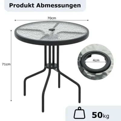 Zahradní stůl s otvorem pro slunečník 70x70x71cm Bistro stůl s deskou z tvrzeného skla