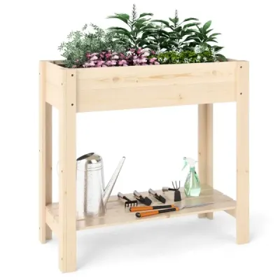 Vyvýšený záhon s policí Vyvýšený dřevěný zahradní záhon Box na květináče s drenáží 81 x 37 x 77 cm Natural