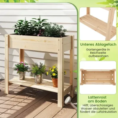 Vyvýšený záhon s policí Vyvýšený dřevěný zahradní záhon Box na květináče s drenáží 81 x 37 x 77 cm Natural