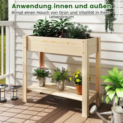 Vyvýšený záhon s policí Vyvýšený dřevěný zahradní záhon Box na květináče s drenáží 81 x 37 x 77 cm Natural