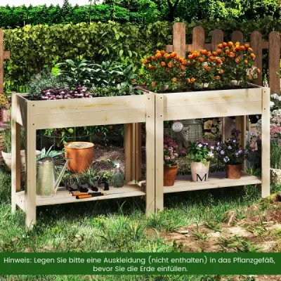 Vyvýšený záhon s policí Vyvýšený dřevěný zahradní záhon Box na květináče s drenáží 81 x 37 x 77 cm Natural