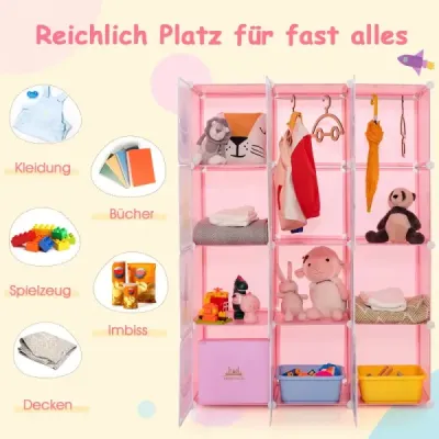 Dětská šatní skříň se 2 závěsnými částmi a 12 kostkami. Roztomilá kreslená komoda růžová.
