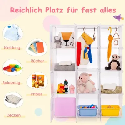 Dětská šatní skříň se 2 závěsnými částmi a 12 kostkami Roztomilá kreslená komoda bílá