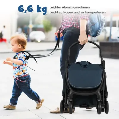 Skládací kočárek, cestovní kočárek s polohovací funkcí, přenosný kočárek s nastavitelnou opěrkou zad, nosnost do 15 kg, modrý