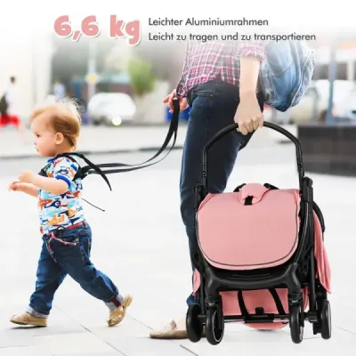 Skládací kočárek, cestovní kočárek s polohovací funkcí, přenosný kočárek s nastavitelnou opěrkou zad, nosnost do 15 kg, růžový