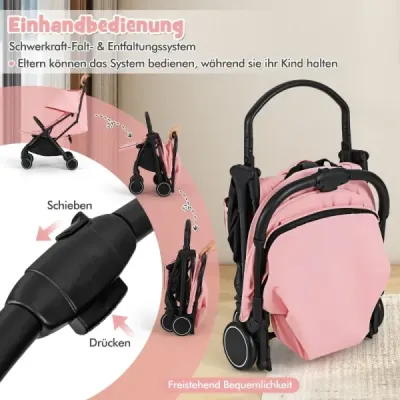 Skládací kočárek, cestovní kočárek s polohovací funkcí, přenosný kočárek s nastavitelnou opěrkou zad, nosnost do 15 kg, růžový