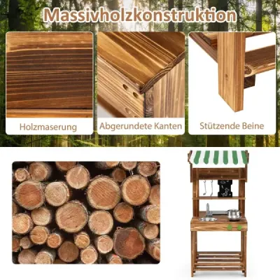 Dětská hliněná kuchyňka se střechou, tabulí, dřezem a kohoutkem Oboustranná herní kuchyňka
