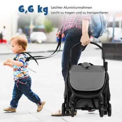 Skládací kočárek, cestovní kočárek s polohovací funkcí, přenosný kočárek s nastavitelnou opěrkou zad, nosnost do 15 kg, šedý
