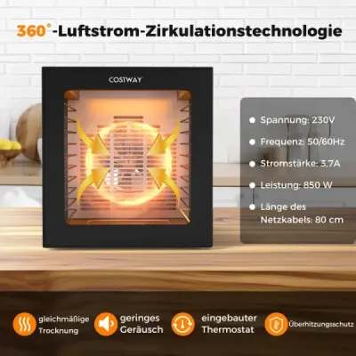 Sušička potravin s výkonem 850 W včetně 10 nerezových táců s 10 přednastavenými programy, 48hodinovým časovačem a teplotou 30–75 °C