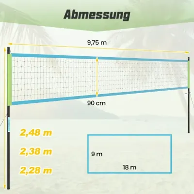 Volejbalová síť venkovní 9,5 x 1 m, volejbalová síť do bazénu, výškově nastavitelná se stojanem, volejbalová síť na zahradní volejbal