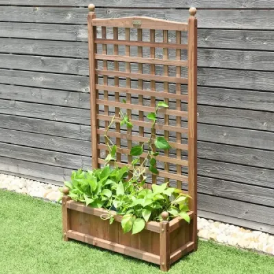 Květinový truhlík s mříží Dřevěný truhlík pro popínavé rostliny Vyvýšený záhon s mříží 64,5 x 28 x 120 cm Hnědý
