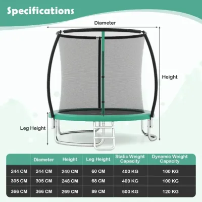 Trampolína Ø244 cm s žebříkem a bezpečnostní sítí kulatá zahradní trampolína dětská trampolína zelená