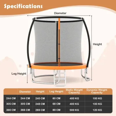 Venkovní trampolína s žebříkem, zahradní trampolína kulatá s ochrannou sítí Ø244cm oranžová