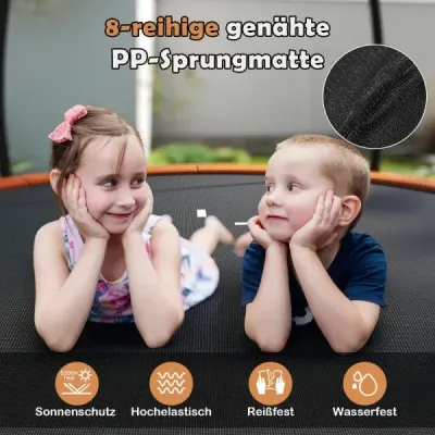 Venkovní trampolína s žebříkem, zahradní trampolína kulatá s bezpečnostní sítí, krytem okraje a kovovým rámem Ø305 cm oranžová