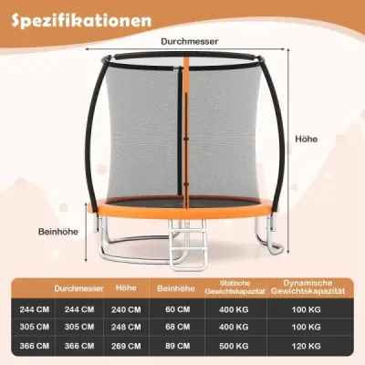 Venkovní trampolína s žebříkem, zahradní trampolína kulatá s bezpečnostní sítí, krytem okraje a kovovým rámem Ø305 cm oranžová