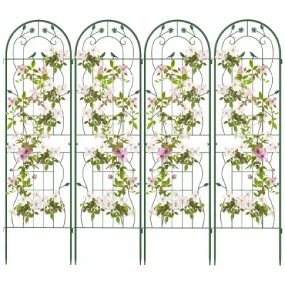 Sada 4 kovových trelážových prvků, dekorativní zahradní plot, volně stojící treláž 180 x 50 cm, zelená