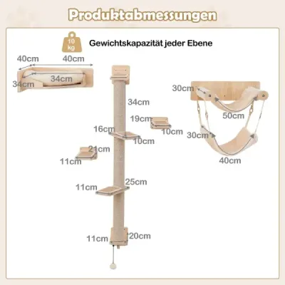 5 KS Lezecká stěna a škrabadlo pro kočky s plošinami, jutové škrabadlo, kočičí pelíšek, 2 houpací sítě, kočičí nábytek, přírodní
