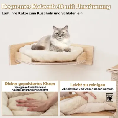 5 KS Lezecká stěna a škrabadlo pro kočky s plošinami, jutové škrabadlo, kočičí pelíšek, 2 houpací sítě, kočičí nábytek, přírodní
