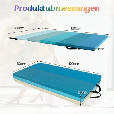 Skládací gymnastická podložka 180 x 120 cm měkká podložka, gymnastická podložka, skládací 3krát z PU s rukojetí pro přenášení, modrá