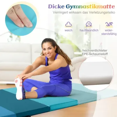 Skládací gymnastická podložka 180 x 120 cm měkká podložka, gymnastická podložka, skládací 3krát z PU s rukojetí pro přenášení, modrá