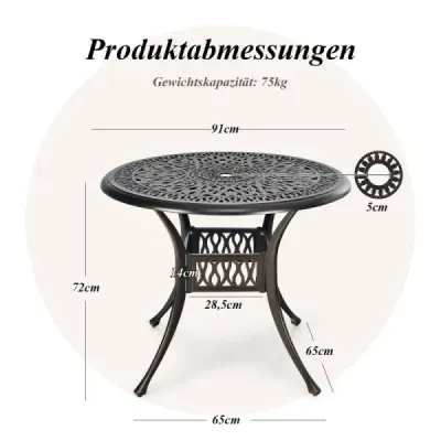 Zahradní stůl s otvorem pro slunečník Ø 90 cm, kulatý balkonový stůl z litého hliníku, odolný proti povětrnostním vlivům, zahradní stůl 90 x 90 x 72 cm