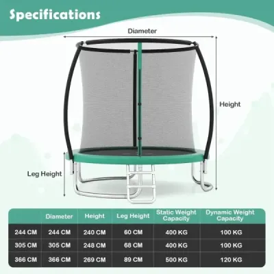 Venkovní trampolína s žebříkem, kulatá zahradní trampolína s ochrannou sítí, krytem okraje a kovovým rámem Ø305 cm, zelená