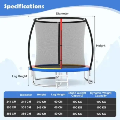 Venkovní trampolína s žebříkem, zahradní trampolína kulatá s bezpečnostní sítí, krytem okraje a kovovým rámem Ø305 cm, barevná